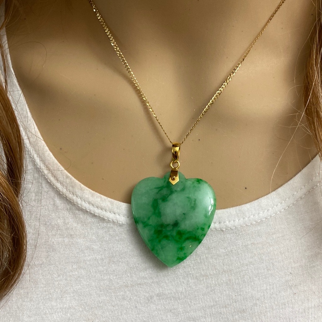 14k Real Yellow Gold Solid Green Large Jade Heart Pendant 585$